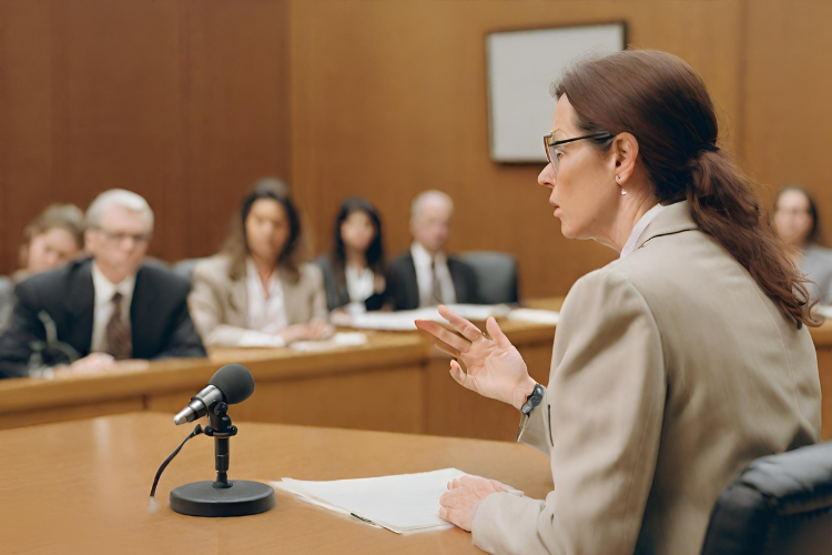 a woman sits in front of a microphone in a court room
